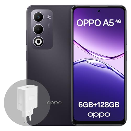 OPPO A5 4G 6GB RAM + 128GB ROM, Smartphone Desbloqueado con IA, Pantalla de 6,67 Pulgadas y 90 Hz, cámara AF de 50 MP, batería de 6000 mAh, IP65, Midnight Purple (Incluye Cargador SUPERVOOC de 45 W)