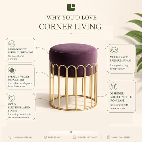 Image of Premium Gold Metal Ottoman Pouffe Stool & Footrest for Living Room & Bedroom | Wine Soft & Classy Mosha Fabric with Arch Frame | 18 inch Height | Luxury Multipurpose Furniture & Home Decor