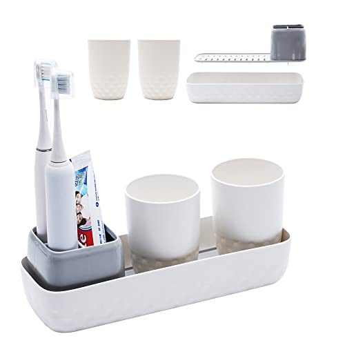 Ayswupt Toothbrush Holders For Bathrooms,Kids Electric Toothbrush Holder With 2 Cups Set,White Tooth Brush Toothpaste Caddy Storage,Small Bathroom Countertop Organizer Stand For Men Farmhouse Family #TOP29
