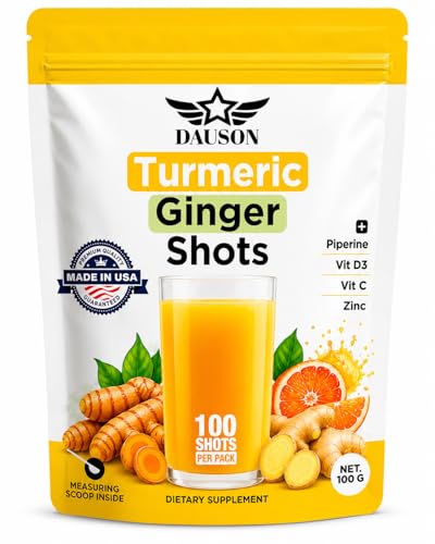 DAUSON Turmeric Shots for Joint Pain Immune Boost Gut Health Boosted with Ginger Piperine Zinc Vitamin D3 Vitamin C Powder 100 Servings Made in USA