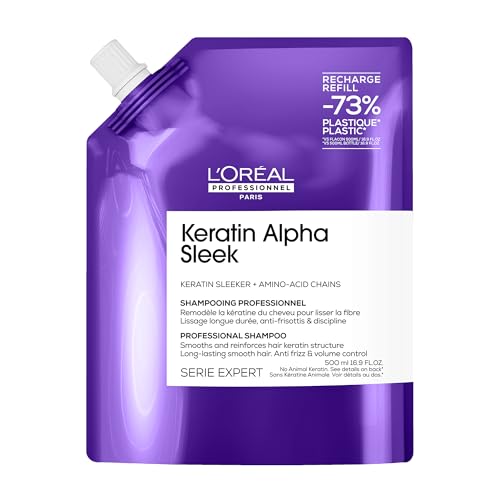 L’Oréal Professionnel, Champú Sin Sulfatos Keratin Alpha Sleek, Anti Frizz, control del encrespamiento y volumen. Hidratación, Suavidad y Brillo, Apto para todo tipo de cabello, Recarga 500 ml