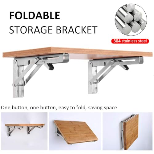 HSEANWWW Pack of 2 Folding Shelf Brackets Stainless Steel 14 inch (Max Load 154lb/70KG) Heavy Duty Outdoor Locking Hinges for Home Kitchen - Image 2