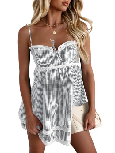 Image of Wenrine Womens Summer Mini Dress Spaghetti Strap Sweetheart Y2K Plaid Lace Trim Tiered Beach Sundress Dresses