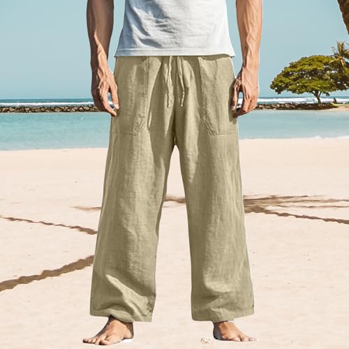 Mens Straight Leg Pants Button Elastic Waist Hawaiian Casual Loose Fit Stylish Breathable Beach Trousers with Pockets2