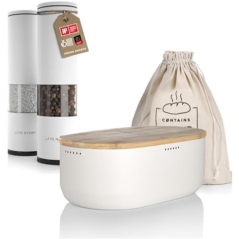 LARS NYSØM Essentials Bundle | Manual Salt and Pepper Mill Set + Metal Bread Box | Salt and Pepper Mill Set Stainless Steel with Adjustable Ceramic Grinder + Bread Box with Bamboo Lid (White) Cover