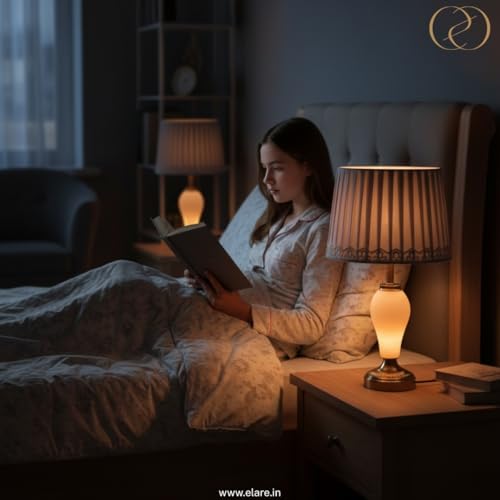 Image of ELARE Classic Brass Finish Table Lamp with Silver-Grey Pleated Fabric Shade & Decorative Trim | Luxury Bedside Night Lamp for Bedroom & Living Room | Modern Decorative Table Light for Home Decor