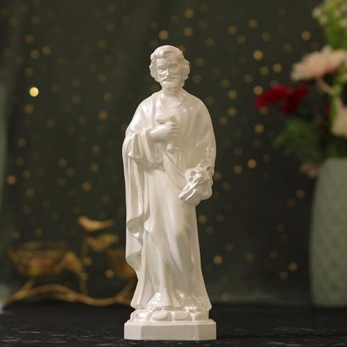 11.8 Inches St Joseph the Worker Wooden Catholic Statue -Pearl White Finish Sculpture, Handmade Religious Home Decor & Gift for Prayer Catholic Art