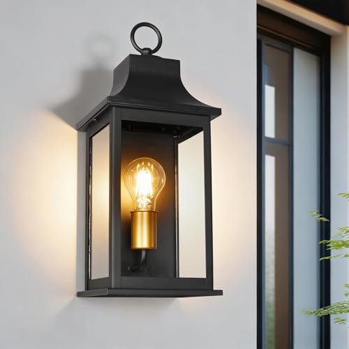 Image of JYZ 16 inch Outdoor Wall Lantern, Exterior Wall Sconce Lighting Fixture, Anti-Rust Aluminum with Clear Glass Outside Wall Lamp, E26 Socket Matte Black Exterior Wall Lights for Garage, Front Door, Patio