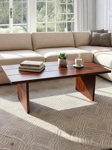 Image of Modern Sheesham Wood Coffee Table for Living Room | Wooden Center Table with Wide Top | Contemporary Tea Table Furniture for Home | Stylish Cocktail Table for Lounge & Apartment Decor | Dark Brown