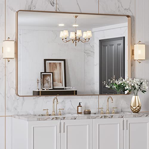 Image of LOAAO 48 inchX32 inch Gold Bathroom Mirror | Rounded Rectangle, Brushed Gold Frame, Wall-Mounted, Anti-Rust, Tempered Glass, Hangs Horizontally or Vertically