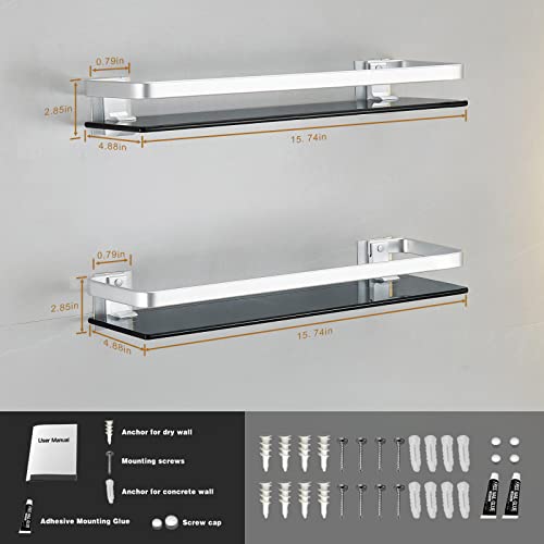 Volpone Bathroom Wall Shelves 15.7 In Glass Bathroom Shelf Silver Floating Shelves Tempered Glass Shelves For Shower Wall Mounted（2 Pack） #TOP1