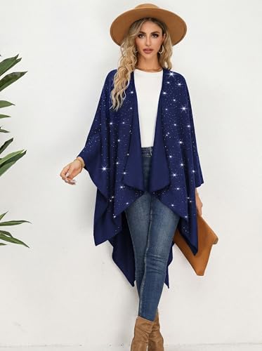 Image of Womens Rhinestones Open Front Poncho Shawl Wrap Cape Ruana Travel Blanket Cardigan