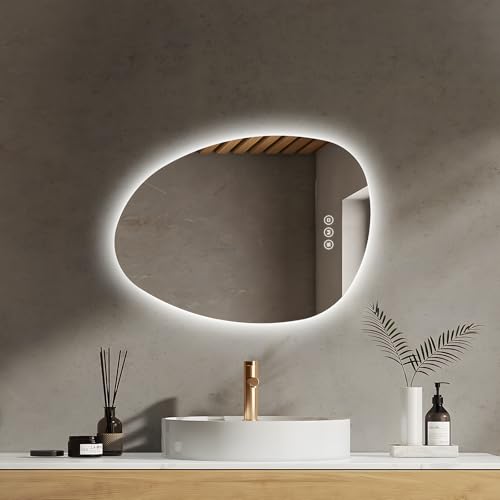 EMKE Espejo de baño con iluminación LED asimétrico, Espejo con iluminación, 65 x 45 cm, Interruptor táctil, 3 Colores de luz, Regulable, antivaho, Espejo de baño con iluminación, IP44, Ahorro de