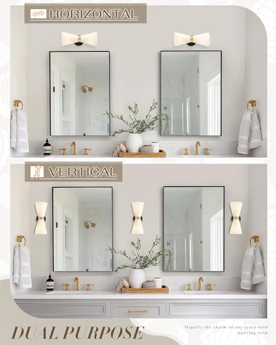 Image of Wall Sconces Set of Two, HWH 14.3 Inch Black and Gold Bathroom Sconces with Frosted Milk White Striped Glass, Up Down Modern Wall Light fixtures for Living Room Bedroom, 5HZG97B-2W-2PK BK+BG