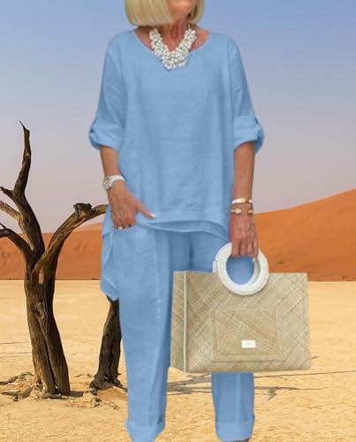 Stylish Blue Linen Pants Suit for Women - BIVENANT 2 Piece Dressy Cotton Set in 3X-Large - Image 2