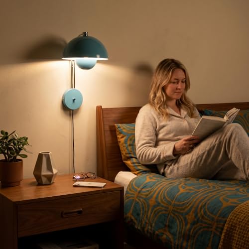 Image of COSYLUX Mid-Century Modern Bud Plug in Wall Sconces for Bedroom, Turquoise | Indirect lighting reading wall lamp, all-metal construction, plug-in or hardwired install, fits bedroom bedside, living room