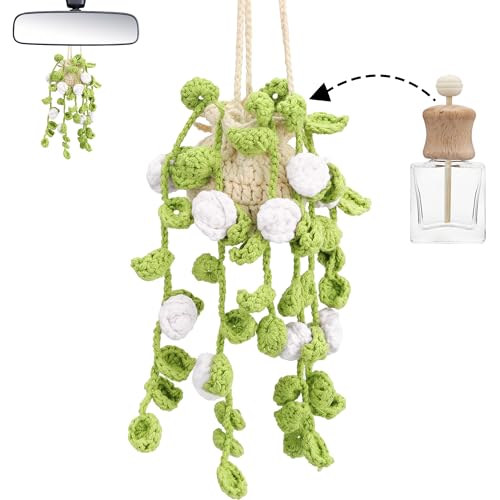 Image of Crochet Car Air Freshener Hanging, Cute Rear View Mirror Accessories Car Fresheners for Women, Handmade Car Hanging Accessories Car Air Freshener Diffuser, White Rose