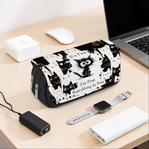 Image of Cat Pencil Case for Boys Girls Cartoon Black Cat I'm Fine Pencil Pounch Large Capacity Flip Top Pen Bag with Zipper Back to School Supplies Cats Themed Pen Holder Office Student Stationery Box