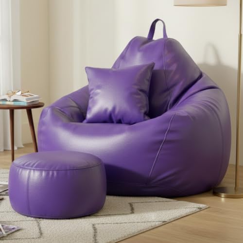 Image of KAM'S LIEU Leatherette Bean Bag Chair with Footrest | Filled with EPS Beans | Comfortable Sofa for Living Room & Bedroom | 4XL Size, Easy to Clean Color- (Purple)