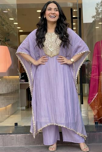 Image of GoSriKi Fendy Glass Embroidered A-Line Kurta with Palazzo for Women | Fendy Glass Grey | Kaftan Sleeve | Round Neck | Ethnic Wear Casual Wear