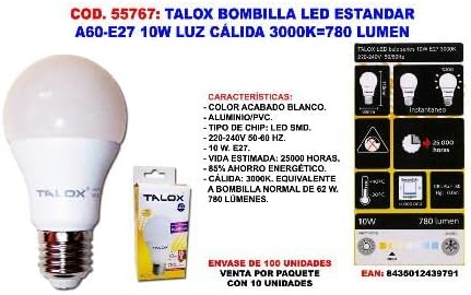 TALOX bombilla led estandar a60-e27 10w l.calida 3000k 780 lumen (caja 10 unidad
