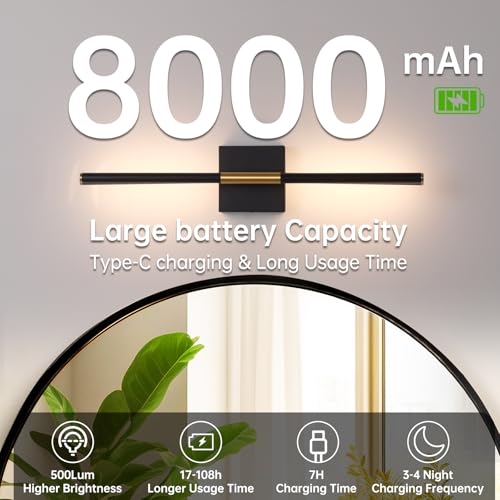 Image of Shenmoyl Battery Operated Wall Sconce Set of 2, 8000mAh Wireless Wall Sconces, 3000K-6000K Dimmable, 350Rotate, Indoor Wall Lights with Remote for Bedroom Living Room Bathroom, Black Gold, 23.6 Inch