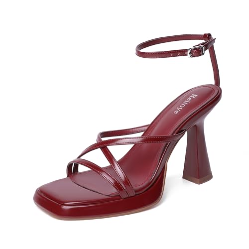 Image of Reitoye Strappy Heels for Women Platform High Chunky Heels Square Open Toe Heeled Sandals Ankle Strap Block Heels