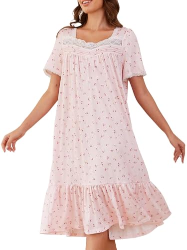 Image of CRIPOM Cute Nightgowns for Women Long Lace Collar House Dress Ladies Nightdress with Pockets 100% Cotton Nightgowns for Women (Pink Flower,XL), X-Large
