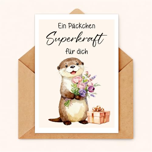 WenmthG Karte mit Umschlag – Gute Besserung Karte & Aufmunterungskarte für Familie, Freunde und Kollegen – „Ein Päckchen Superkraft für dich“ mit Superhelden-Otter & Blumen