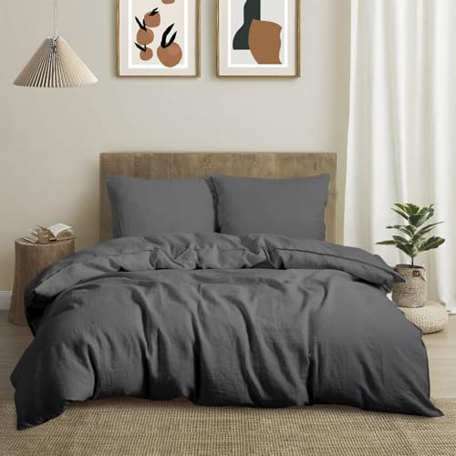 CHUFFED Leinen Bettwäsche 200×200 3teilig Bettwäsche-Sets 100% Naturleinen Bettwäsche-1 Bettbezug 200×200 cm + 2 Kissenbezug 80×80 cm mit Reißverschluss, Weich Atmungsaktiv, Grau
