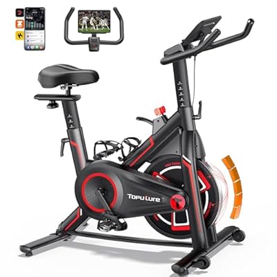 Toputure Bicicleta Estática Profesional con APP Capacitación Bicicleta Spinning Silenciosa con Pantalla LCD y 15KG Volante Portavasos Soporte para Asiento y Tableta Ejercicios en casa MAX 150 KG
