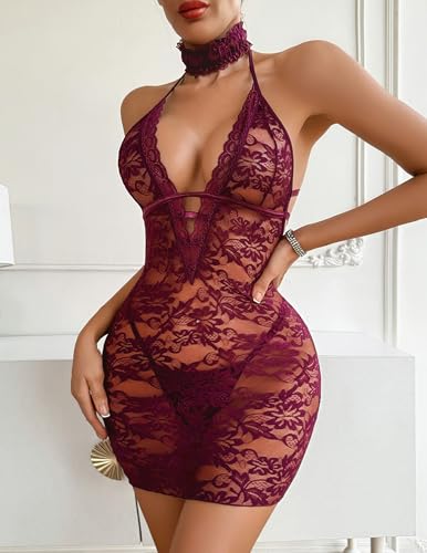 Image of Avidlove Women Babydoll Lingerie Lace Chemise Halter Nightwear Teddy Dress