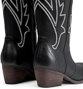 DREAM PAIRS Cowboylaarzen voor dames, kniehoge laarzen, comfortabele pull-on zijrits, dikke hak, geborduurde westerse cowgirllaarzen, retro hoge laars voor themafeest, landelijk concert, bruin, 41 EU