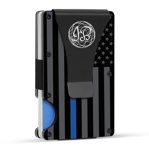 Black & Gray American Flag Engraved, Minimalist Wallet, RFID Blocking Aluminum Slim Wallet With Money Strap (Blue Line with Money Clip)