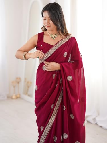 Image of AKHILAM Women's Maroon Vichitra Silk Embroidered Sequins Work Saree With Unstitched Blouse Piece (KRIYNS6101 KH)