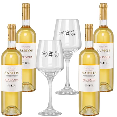 Samos Wein Vin Doux 4x 0,75l plus 2 Samos Weingläser | 15% Vol. | Samos Wein | Griechischer Likörwein | Griechischer Dessertwein