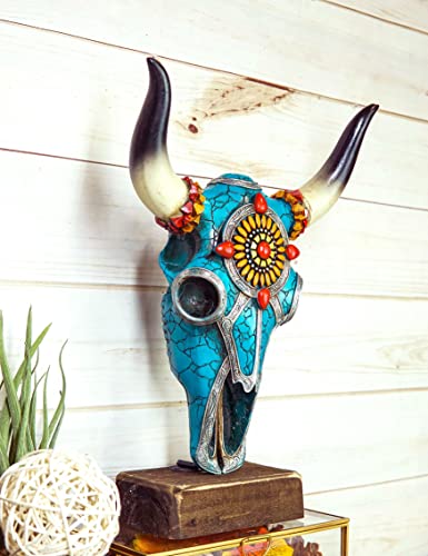 Ebros Gift 13" High Western Southwest Steer Bison Buffalo Bull Cow Skull Head With Mosaic Turquoise Gold And Red Aztec Sun Geometry Design Desktop Sculpture Native Indian Sacred Skulls #TOP5