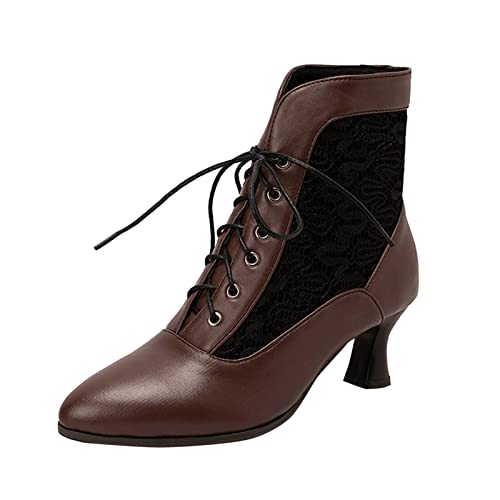 Botas Piel Mujer CañA Alta-Botines De Mujer Moda De OtoñO E Invierno Y Encaje Elegante Punta Hueca CóModa Cordones Frontales Bota Roja