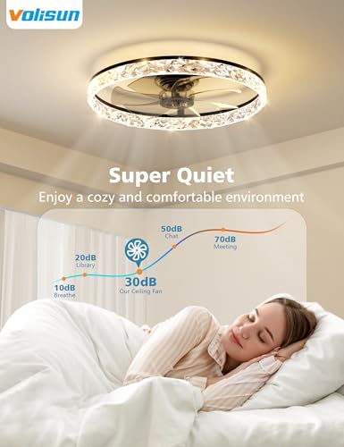 Image of VOLISUN Low Profile Ceiling Fan with Lights and Remote, No Assembly, 24in Modern Ceiling Fans Flush Mount, 3000K-6500K Dimmable Bladeless LED Fan Light, Black Fandelier Ceiling Fans for Bedroom