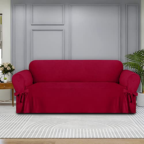 Image of Easy-Going Velvet Couch Covers for 3 Cushion Couch Sofa, Luxury Velvet Sofa Cover with Ties, One Piece Sofa Slipcover for Living Room (Red, Sofa)