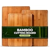 Carbonized Bamboo Cutting Boards for Kitchen, XL Durable Wood Cutting Board with Juice Grooves and Handles, Set of 3 Solid Charcuterie Board for Meal Prep & Serving (13x9.5, 14.5x10.5, 16x11.5)