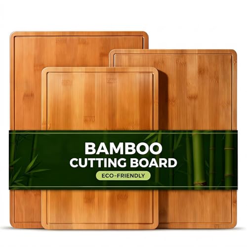 Image of Carbonized Bamboo Cutting Boards for Kitchen, XL Durable Wood Cutting Board with Juice Grooves and Handles, Set of 3 Solid Charcuterie Board for Meal Prep & Serving (13x9.5, 14.5x10.5, 16x11.5)