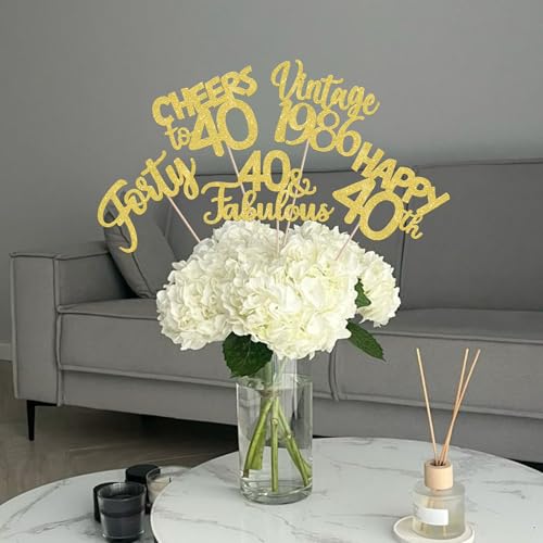 Image of 15 PCS 40th Birthday Centerpiece Sticks Double Sided Forty Happy 40th Vintage 1986 Table Flower Centerpieces Sticks Cheers to 40 Fabulous Floral Decorations for 40th Birthday Party Supplies Gold