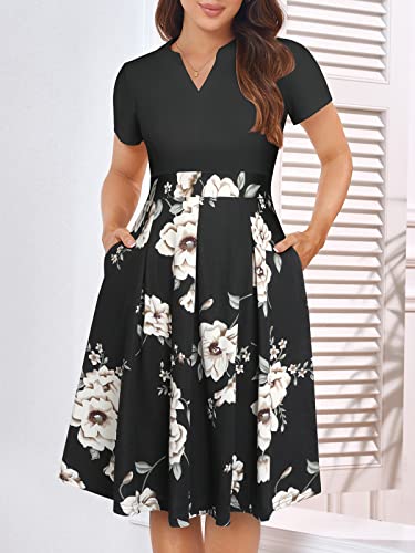 Image of YATHON Womens Elegant Print Notched Neck Slant Pocket Pleated Hem Casual A-Line Dress