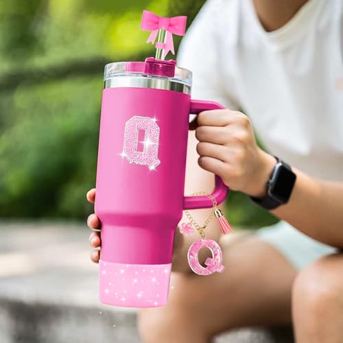 Image of Mity rain 6PCS Pink Cup Accessories for Stanley Cup 30oz 40oz - Tumbler Initials Decoration for Stanley, Including Silicone Straw Cover Cap and Boot, Spill Proof Stopper,Handle Charm, Sticker,Letter Q