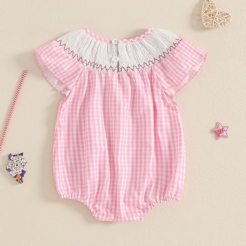 woshilaocai Fourth of July Smocked Bubble Romper Baby Girl American Flag Gingham Bodysuit Summer Baby Outfit2