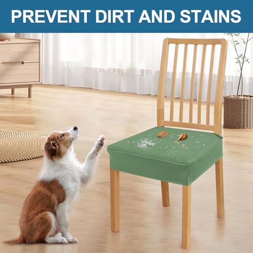 Image of Smiry Waterproof Seat Covers for Dining Room Chairs, No Rear Covers | Stretch Jacquard Removable Washable Chair Seat Slipcovers Protector, Set of 8, Green