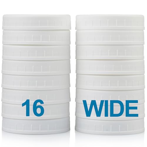 AOZITA Wide Mouth Mason Jar Lids [16 Pack] for Ball, Kerr and More - White Plastic Storage Caps for Mason/Canning Jars - Leak-Proof - Dishwasher Safe & Food Grade