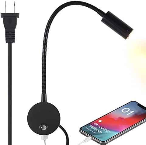 WisHomee Plug-in Dimmable Wall Mounted Reading Light with USB Charging Port, LED Bedside Wall Lamp with Flexible Gooseneck, Black Finished(3W Warm White)