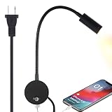 WisHomee Plug-in Dimmable Wall Mounted Reading Light with USB Charging Port, LED Bedside Wall Lamp w